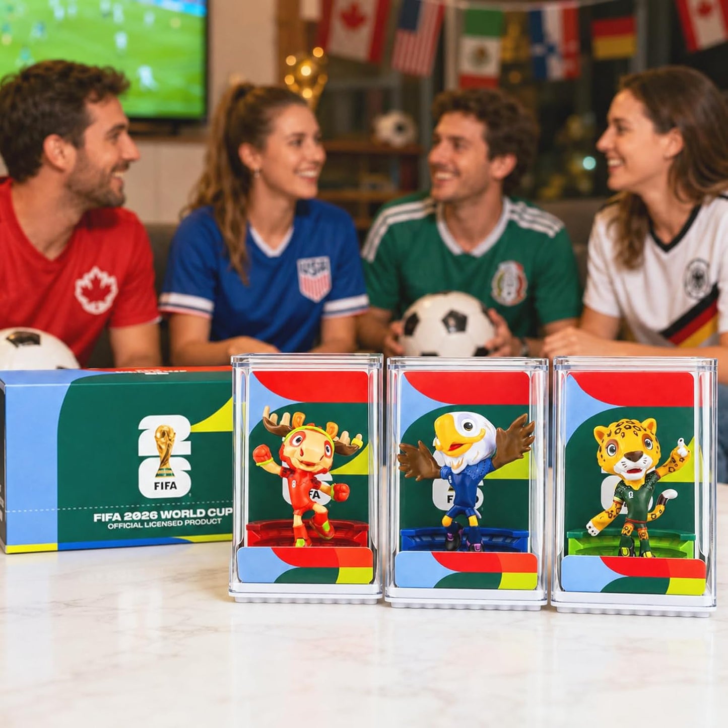 FIFA World Cup 2026 Mascot Figurines Set of 3 (6cm) – USA Eagle, Mexico Jaguar & Canada Moose | Mini Soccer Collectible Gift with Display Case