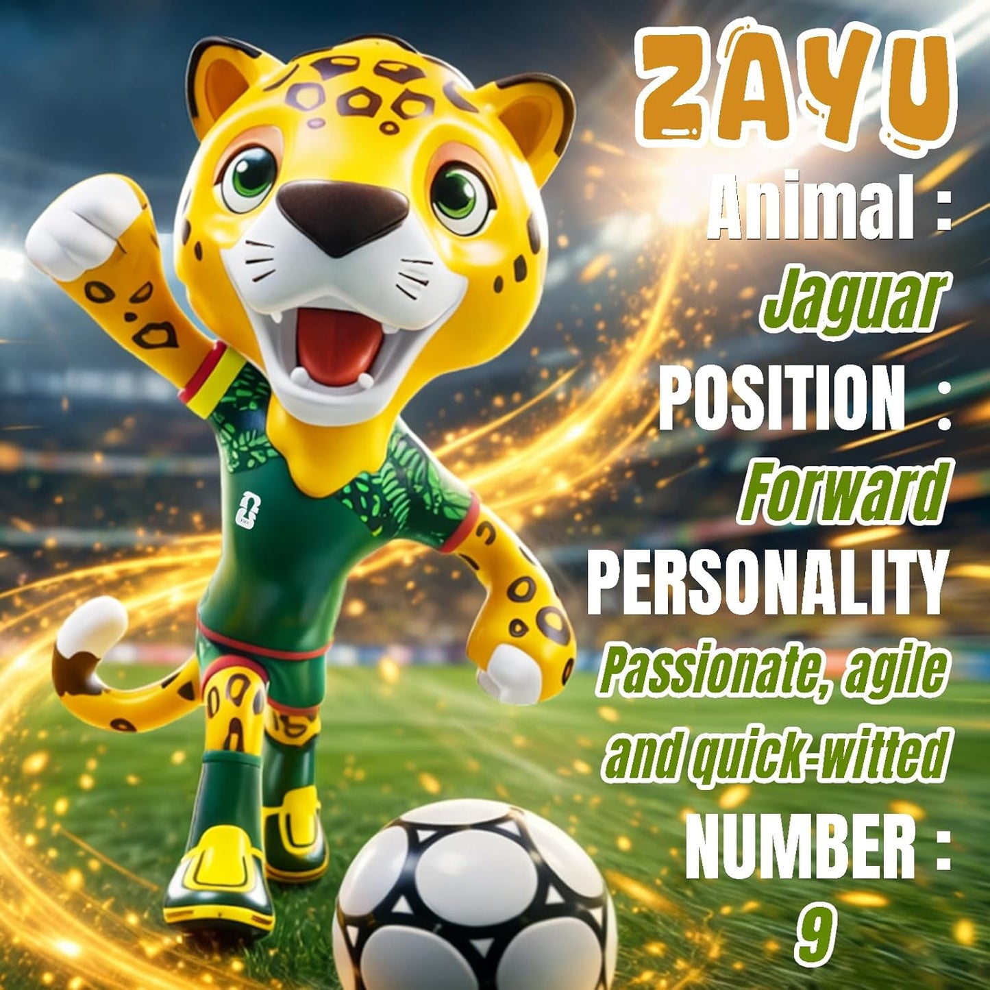 FIFA World Cup 2026 Mexico Mascot Zayu Jaguar Statue – Personalized Laser Engraved | Official Licensed 25cm Display with Acrylic Dome