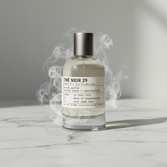 Le Labo Thé Noir 29 bottle on grey marble with soft morning light, minimalist luxury editorial